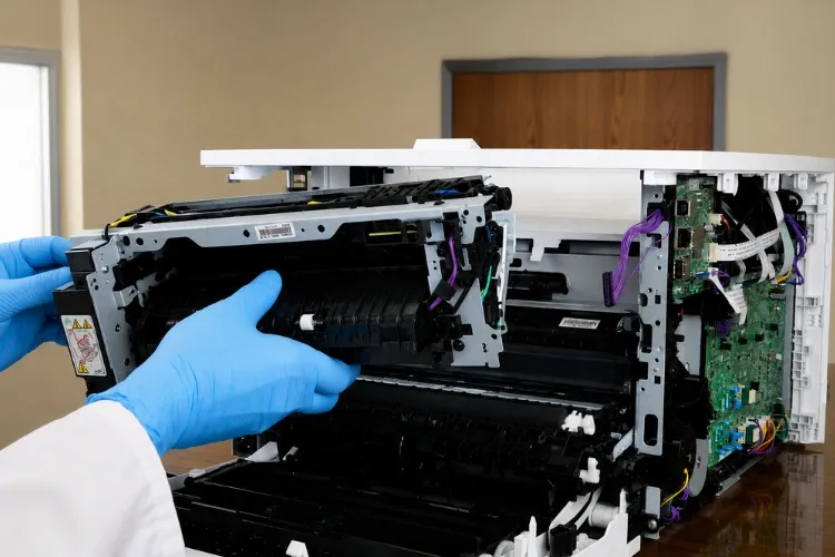 Technician removing a fuser assembly from an HP LaserJet printer during an onsite fuser replacement