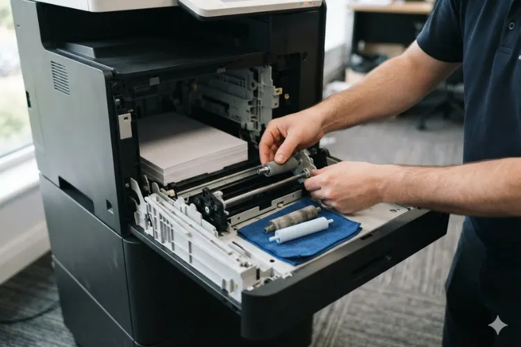 Technician replacing a worn pickup roller inside an HP LaserJet paper tray during onsite repair