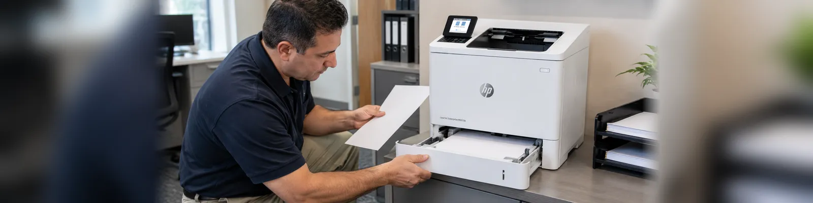 Technician evaluating paper feed symptoms on an HP LaserJet Enterprise M607dn printer