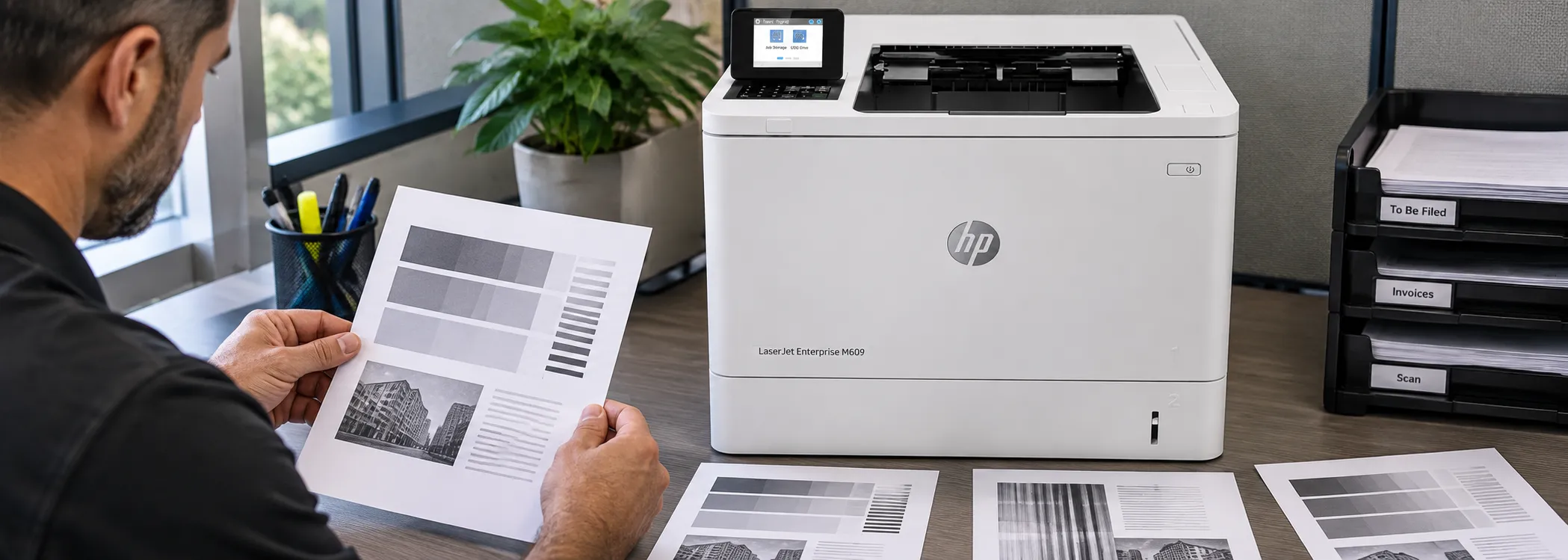 HP LaserJet Enterprise M609dn with printed pages being checked for toner smearing and repeating defects